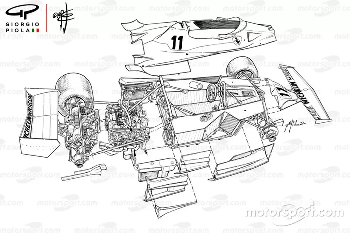El 312T2 para el GP de España eliminó la caja de aire alta, utilizando conductos de estilo NACA en la parte delantera del carenado de la cabina que suministraría aire al motor.
