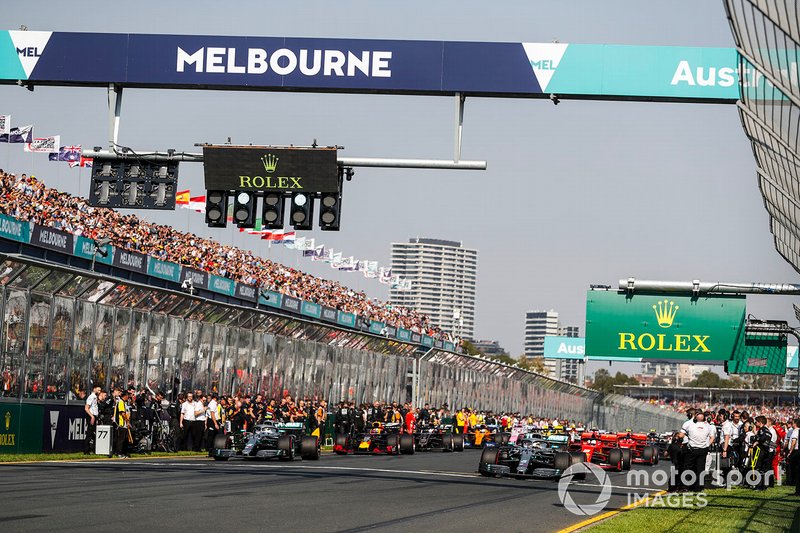 Lewis Hamilton, Mercedes AMG F1 W10, leads the field away at the start of the formation lap