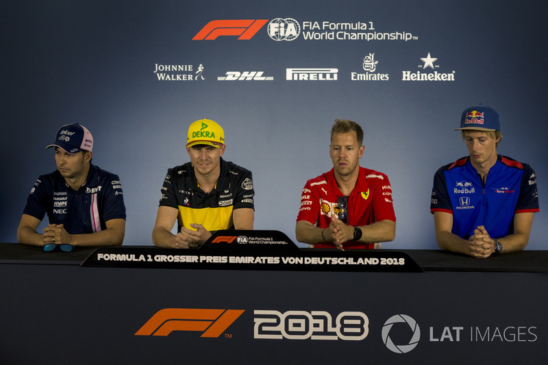 Sergio Perez, Force India, Nico Hulkenberg, Renault Sport F1 Team, Sebastian Vettel, Ferrari and Pierre Gasly, Scuderia Toro Rosso in the Press Conference