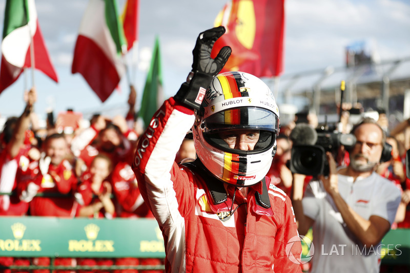 Sebastian Vettel, Ferrari, celebrates victory in parc ferme