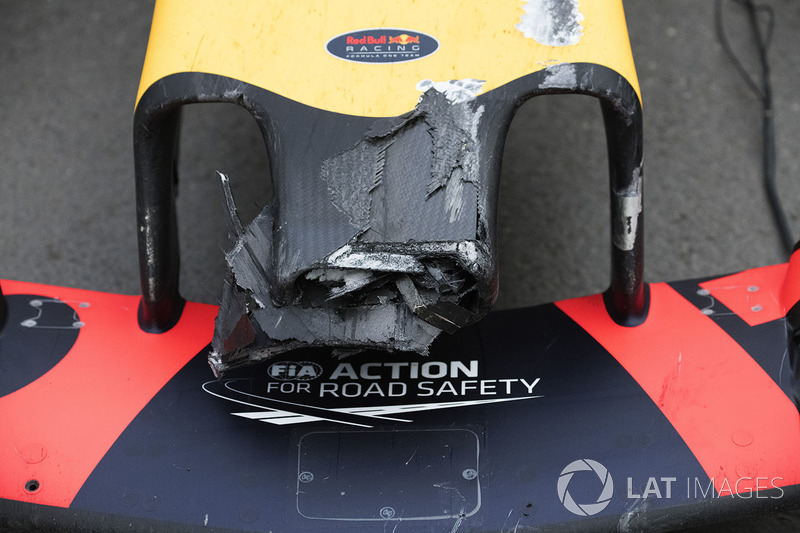 The damaged car of Max Verstappen, Red Bull Racing