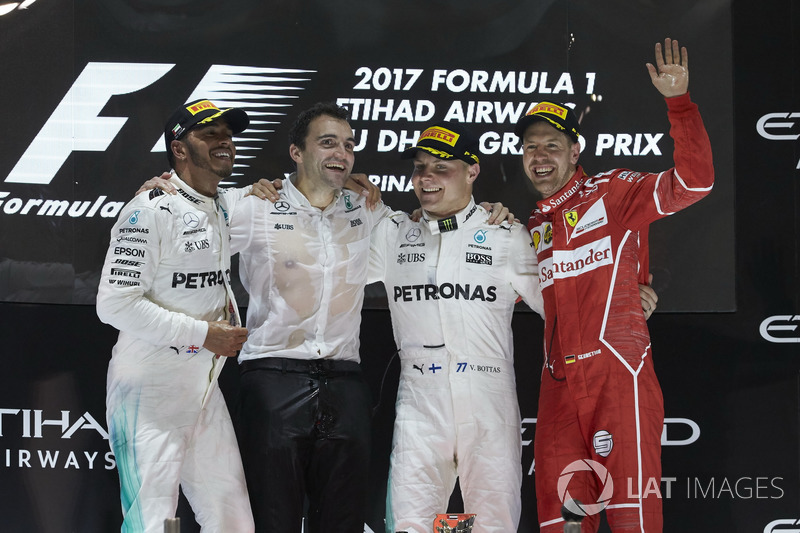 Podium: Second place Lewis Hamilton, Mercedes AMG F1, Race winner Valtteri Bottas, Mercedes AMG F1, 