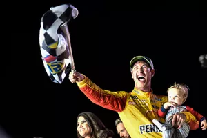 Joey Logano, Team Penske, Ford Fusion Shell Pennzoil, celebrates after winning the 2018 Nascar Monster Cup Series Championship.