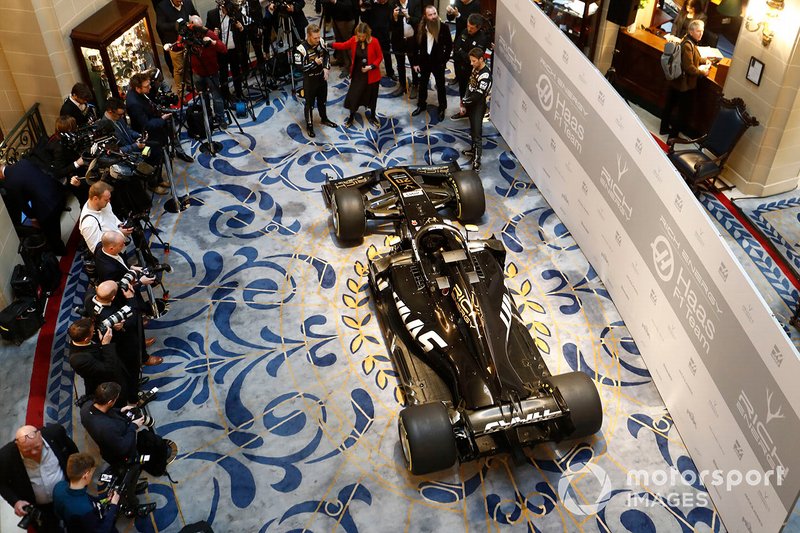 Kevin Magnussen, Haas F1 Team, Presenter Nicki Shields, William Storey, CEO Rich Energy, Guenther Steiner, Team Principal, Haas F1 and Romain Grosjean, Haas F1 Team