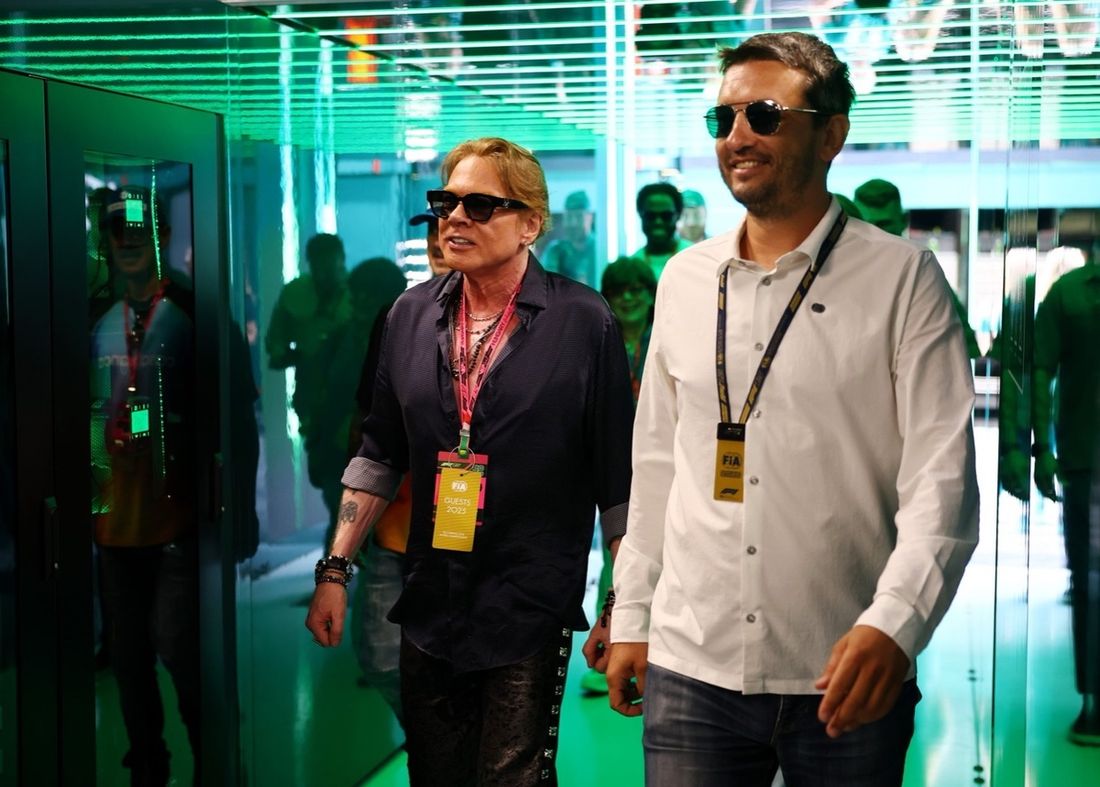 Axl Rose visits the Aston Martin F1 Team garage.
