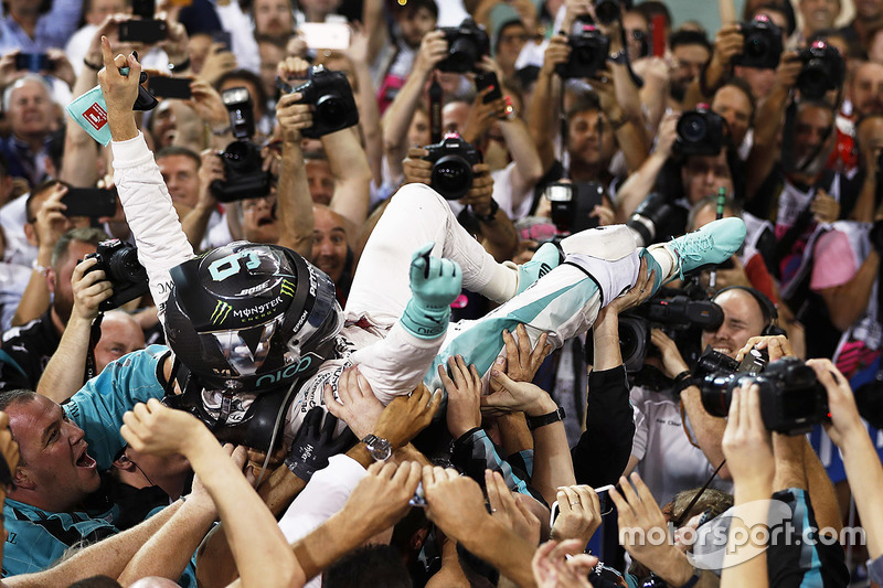 Second place and world champion Nico Rosberg, Mercedes AMG F1, celebrates