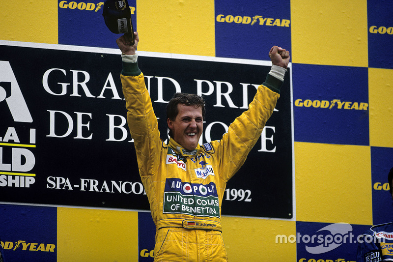 Podium: Racewinnaar Michael Schumacher, Benetton