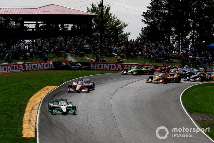 Colton Herta, Andretti Harding Steinbrenner Autosport Honda líder al inicio, Felix Rosenqvist, Chip Ganassi Racing Honda, Alex Palou,  Dale Coyne Racing with Team Goh Honda, Marco Andretti, Andretti Herta with Marco & Curb-Agajanian Honda chocan