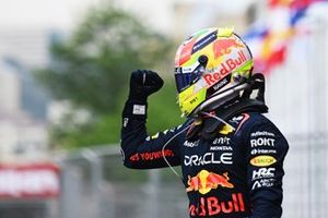 Sergio Perez, Red Bull Racing, 1st position, celebrates in Parc Ferme