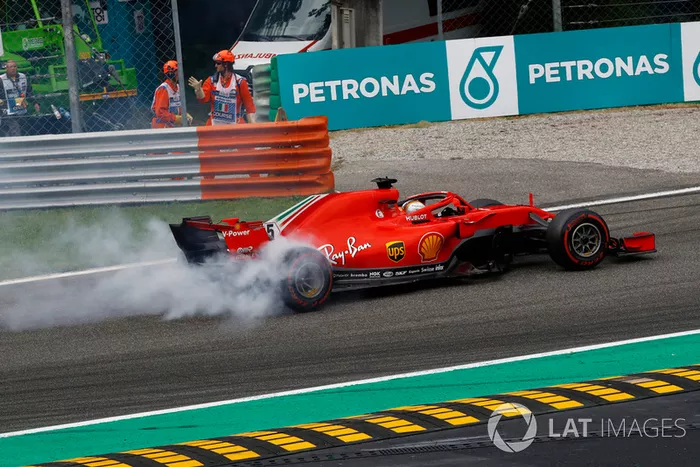 Sebastian Vettel, Ferrari SF71H, trompea con daños en la primera vuelta del GP de Italia 2018