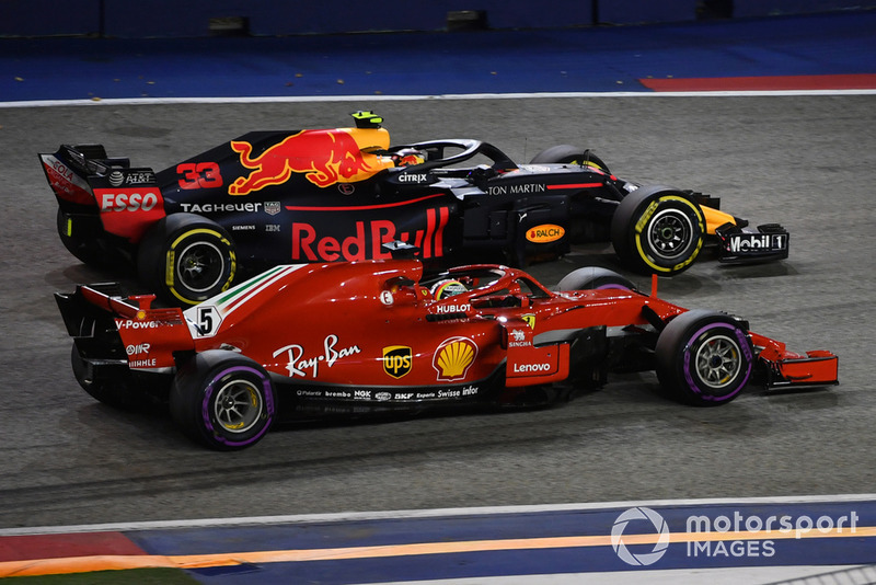 Sebastian Vettel, Ferrari SF71H and Max Verstappen, Red Bull Racing RB14 batttle 