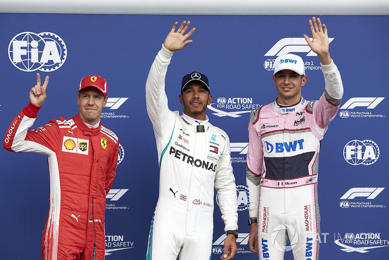 Sebastian Vettel, Ferrari, Lewis Hamilton, Mercedes AMG F1, y Esteban Ocon, Racing Point Force India
