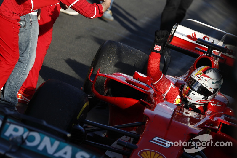 Sebastian Vettel, Ferrari SF70H, 1st Position, celebrates on arrival in Parc Ferme