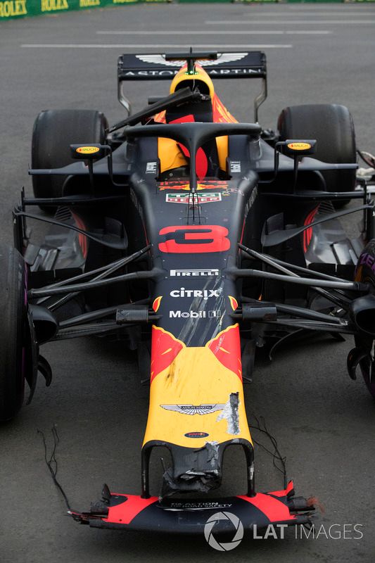 The damaged car of Max Verstappen, Red Bull Racing
