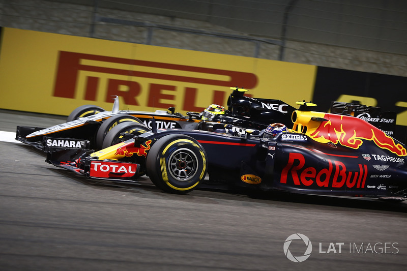 Max Verstappen, Red Bull Racing RB12, passes Sergio Perez, Force India VJM09