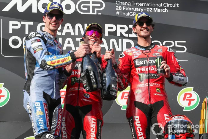 Marc Marquez, Ducati Team, Alex Marquez, Gresini Racing, Francesco Bagnaia, Ducati Team podium