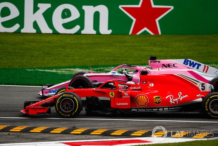 Sebastian Vettel, Ferrari SF71H, Sergio Perez, Racing Point Force India VJM11