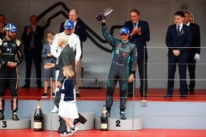 1st position, Stoffel Vandoorne, Mercedes-Benz EQ, 2nd position, Mitch Evans, Jaguar Racing, 3rd position, Jean-Eric Vergne, DS Techeetah on the podium