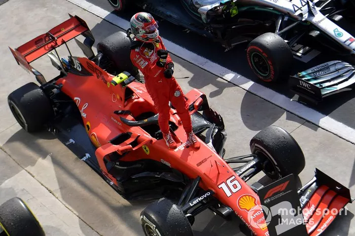 Charles Leclerc, Ferrari, 1st position, celebrates in Parc Ferme