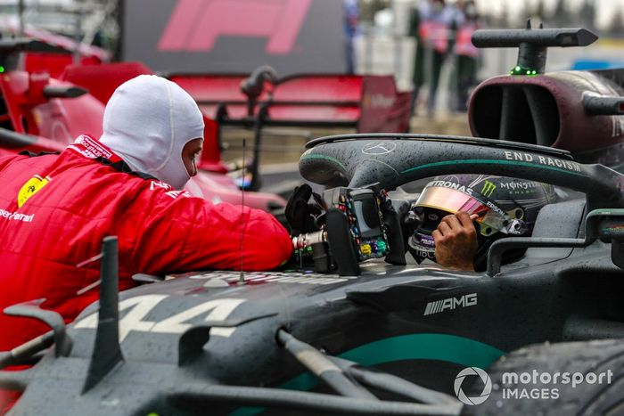Sebastian Vettel, Ferrari, 3rd position, congratulates Lewis Hamilton, Mercedes-AMG F1, 1st position, in Parc Ferme