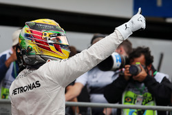 Lewis Hamilton, Mercedes AMG F1 celebrates his pole position in qualifying parc ferme