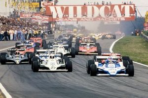 Patrick Depailler, Ligier JS11 Ford takes the lead at the start ahead of Alan Jones, Williams FW07 Ford, Nelson Piquet, Brabham BT48 Alfa Romeo and team mate and pole sitter Jacques Laffite, Ligier JS11 Ford