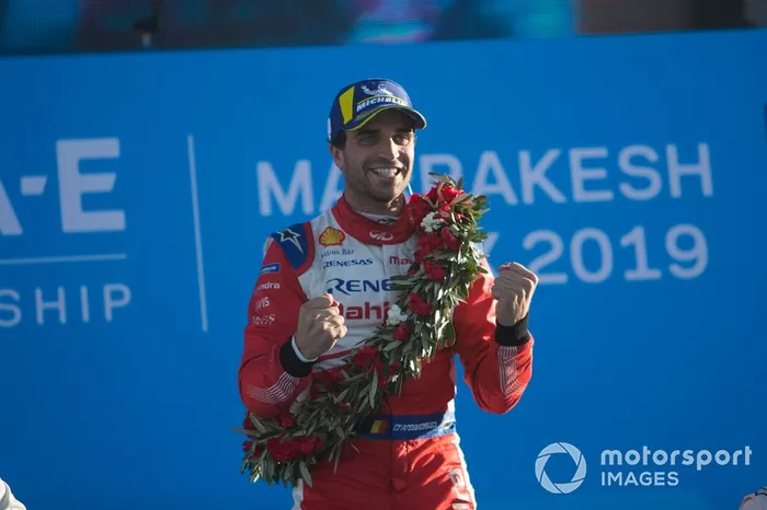 Podio: ganador de la carrera Jérôme d'Ambrosio, Mahindra Racing celebra