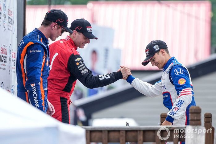 Alex Palou, Chip Ganassi Racing Honda, podio, Will Power, Team Penske Chevrolet, Scott Dixon, Chip Ganassi Racing Honda