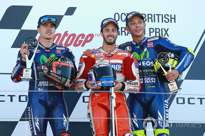 Podium: race winner Andrea Dovizioso, Ducati Team, second place Maverick Viñales, Yamaha Factory Racing, third place Valentino Rossi, Yamaha Factory Racing