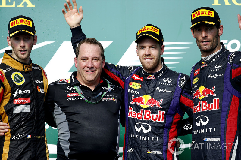 Podium: second place Romain Grosjean, Lotus F1, Matt Cadieux, Chief Information Officer, Red Bull Racing, Race winner Sebastian Vettel, Red Bull Racing, third place Mark Webber, Red Bull Racing