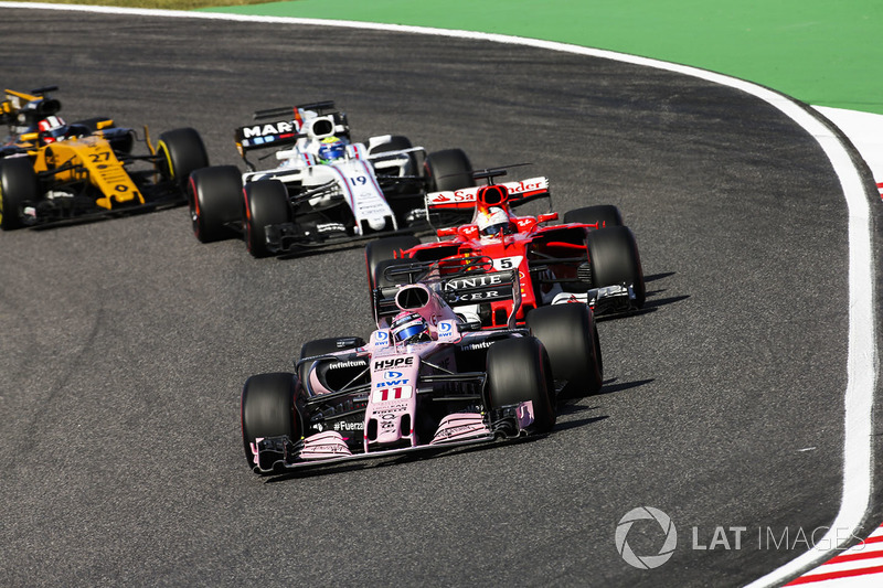 Sergio Perez, Sahara Force India F1 VJM10, Sebastian Vettel, Ferrari SF70H, Felipe Massa, Williams FW40, Nico Hulkenberg, Renault Sport F1 Team RS17