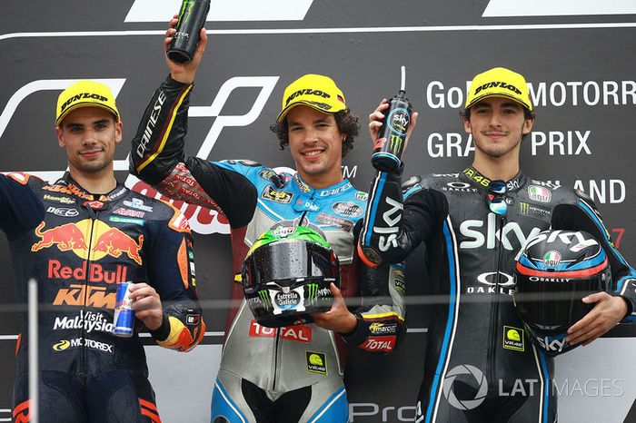 Podium: ganador, Franco Morbidelli, Marc VDS, segundo,  Miguel Oliveira, Red Bull KTM Ajo, tercero, Francesco Bagnaia, Sky Racing Team VR46