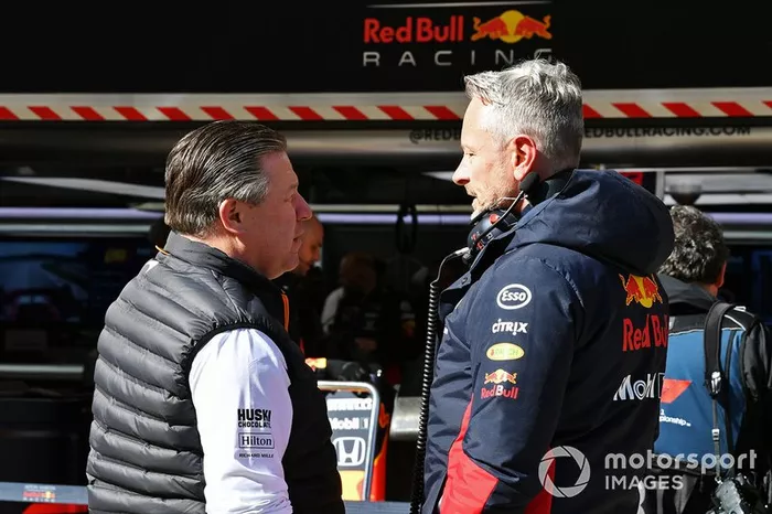 Zak Brown, Executive Director, McLaren, talks to Jonathan Wheatley, Team Manager, Red Bull Racing 