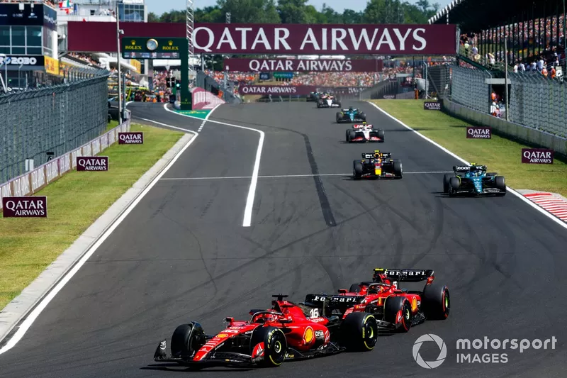 Charles Leclerc, Ferrari SF-23, Carlos Sainz, Ferrari SF-23, Fernando Alonso, Aston Martin AMR23, Sergio Perez, Red Bull Racing RB19
