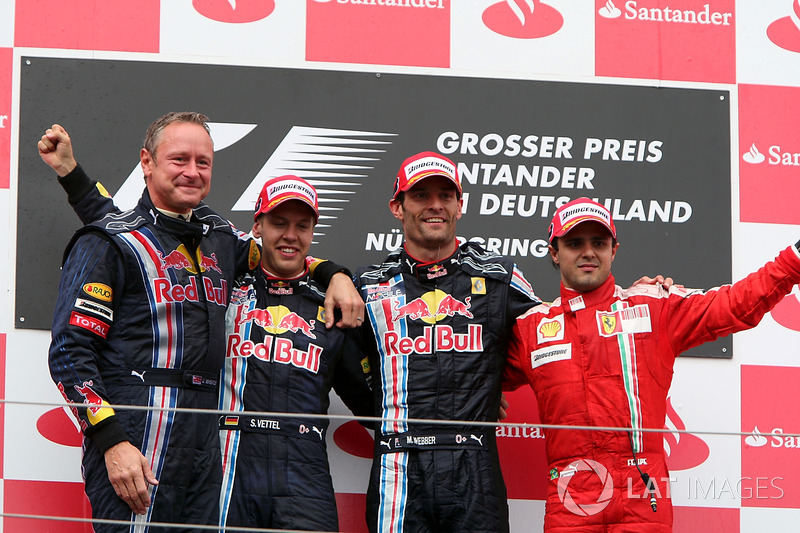 Jonathan Wheatley, Red Bull Racing Team Manager, Sebastian Vettel, Red Bull Racing, Mark Webber, Red Bull Racing and Felipe Massa, Ferrari on the podium