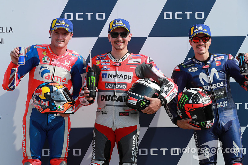 Le poleman Jorge Lorenzo, Ducati Team, le deuxième, Jack Miller, Pramac Racing, le troisième, Maverick Viñales, Yamaha Factory Racing
