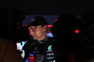 George Russell, Mercedes-AMG, speaks to the media