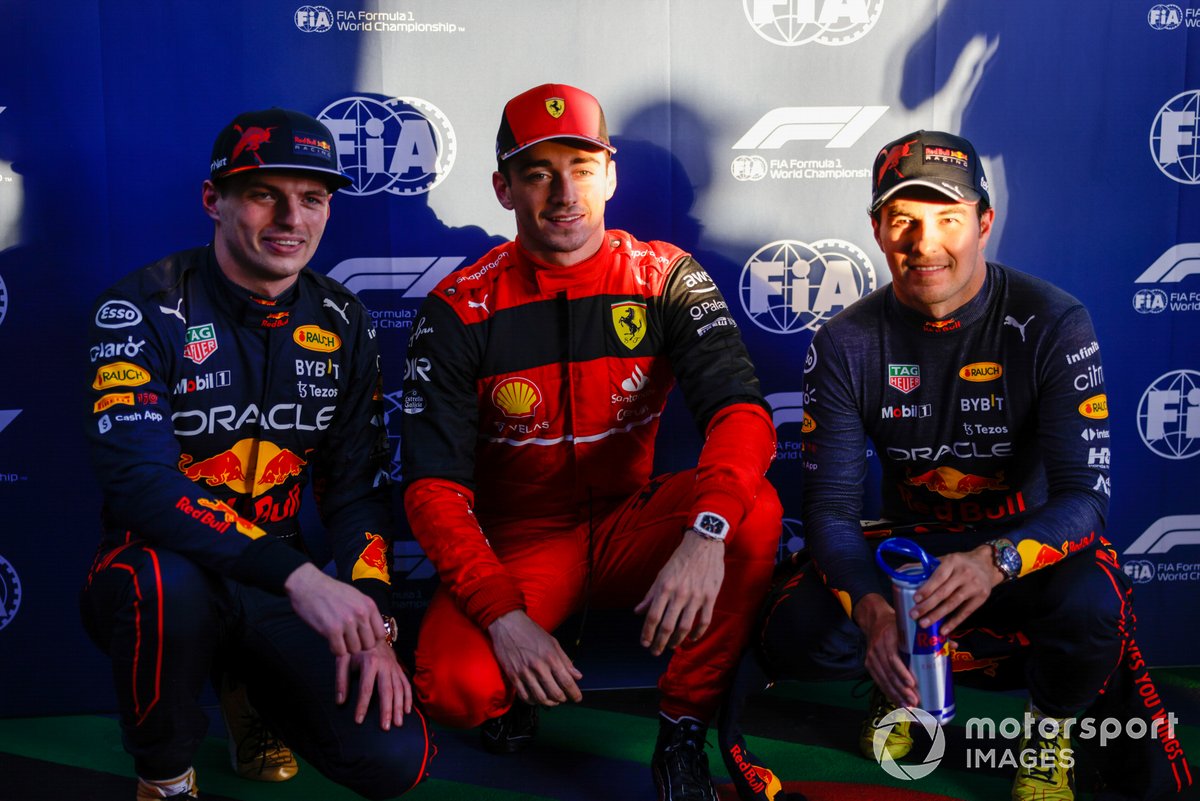 Pole man Charles Leclerc, Ferrari, with Max Verstappen, Red Bull Racing and Sergio Perez, Red Bull Racing 