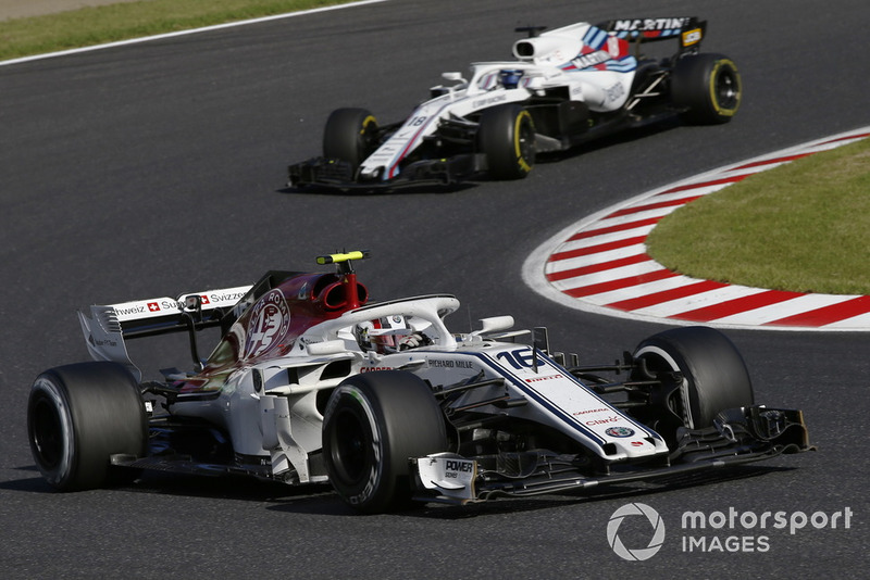 Charles Leclerc, Sauber C37 leads Lance Stroll, Williams FW41