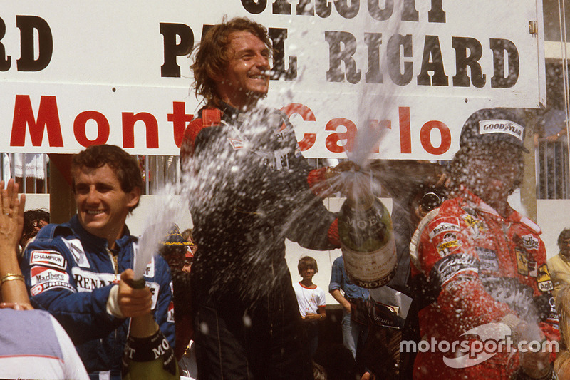 Podium: race winner René Arnoux, Renault, second place Alain Prost, Renault, third place Didier Pironi, Ferrari