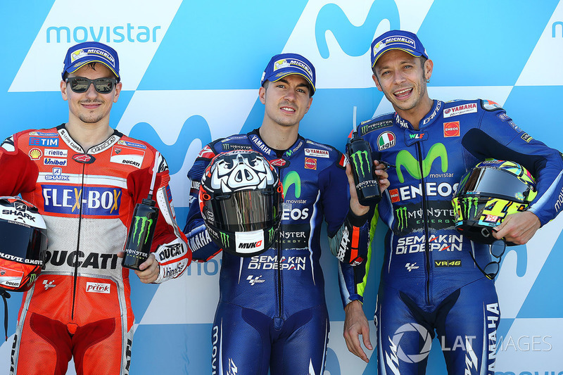 Jorge Lorenzo, Ducati Team; Maverick Vinales dan Valentino Rossi, Yamaha Factory Racing - MotoGP Aragon 2017