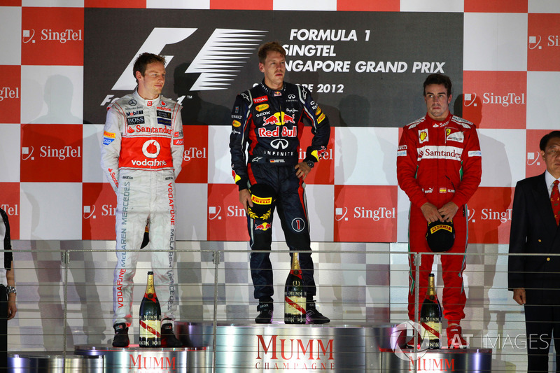 Podium: winner Sebastian Vettel, Red Bull Racing, second place Jenson Button, McLaren, third place F