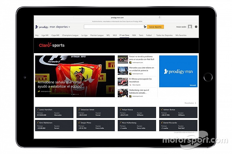 Visualização do conteúdo do Motorsport.com no site Prodigy/MSN