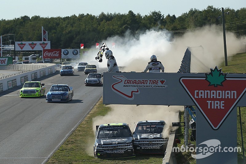 The end of the race where John Hunter Nemechek, NEMCO Motorsports Chevrolet and Cole Custer, JR Motorsports Chevrolet collided