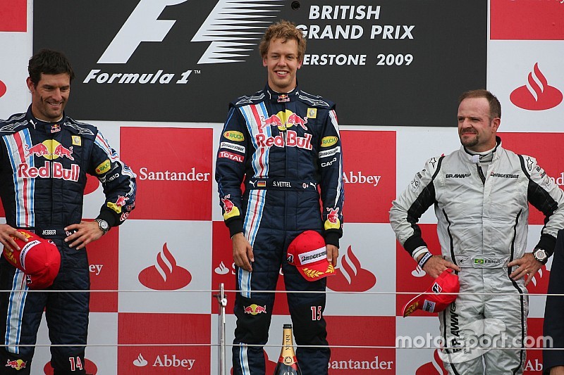 Podium: race winner Sebastian Vettel, Red Bull Racing, second place Mark Webber, Red Bull Racing, third place Rubens Barrichello, Brawn GP
