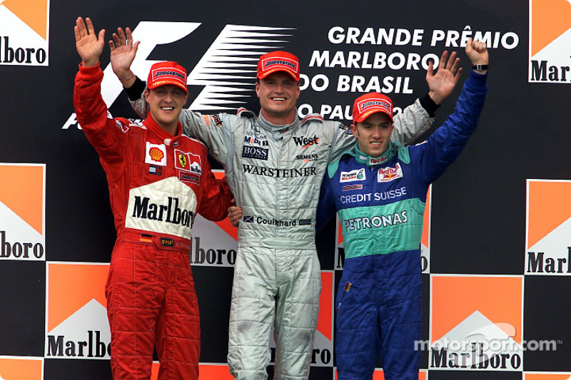 Podium: Michael Schumacher, David Coulthard en Nick Heidfeld