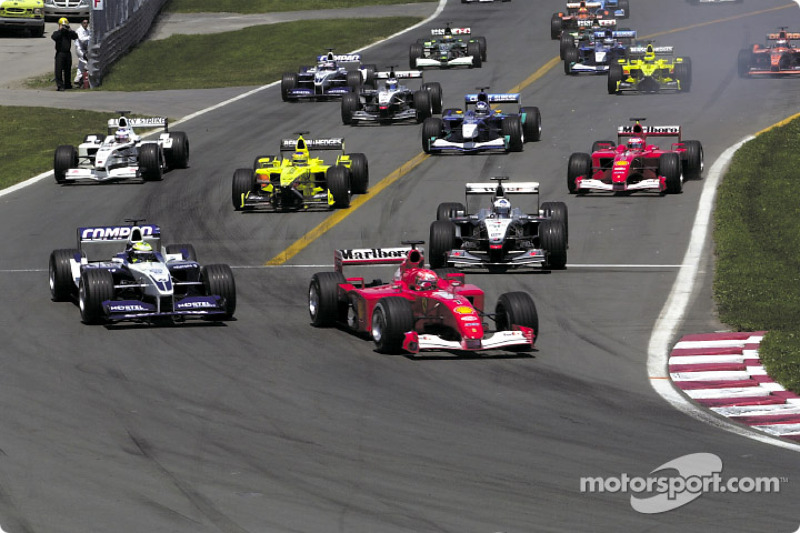 The start: Michael Schumacher in front of brother Ralf and David Coulthard