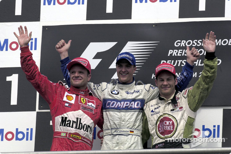 Podium: Rubens Barrichello, Ralf Schumacher and Jacques Villeneuve