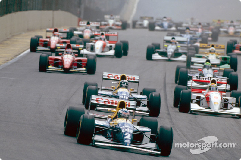 The start: Alain Prost, Damon Hill and Ayrton Senna