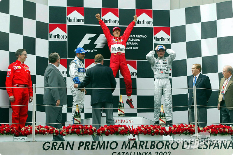 Podio: el ganador de la carrera Michael Schumacher, Juan Pablo Montoya y David Coulthard